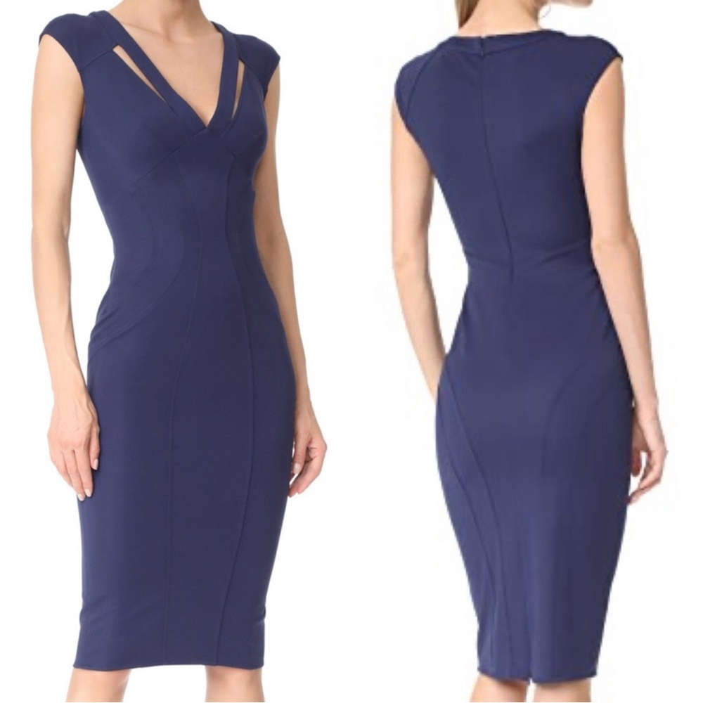 Zac Zac Posen Joni Body Con Sheath Dress Size 8 Navy Blue Cut Out Knee Length